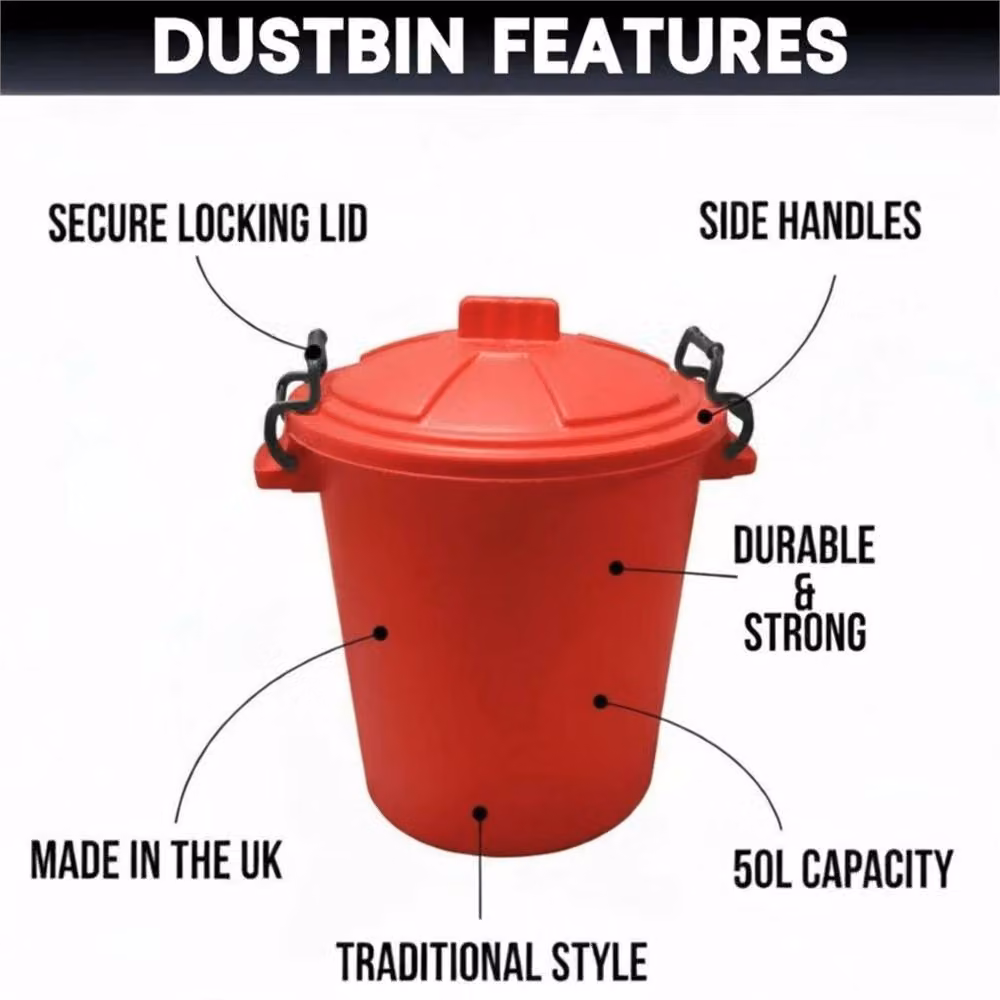 VOGREX 50L Red Heavy Duty Bin with Plastic Lock Handles and Flip Lid – 4