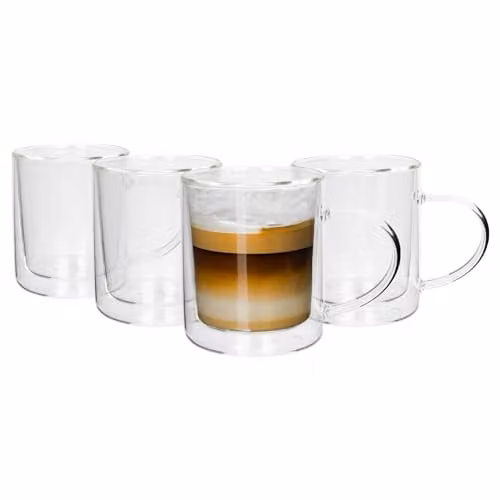 Rink Drink Double Walled Glass Mugs, Pack of 4, 360ml, Transparent