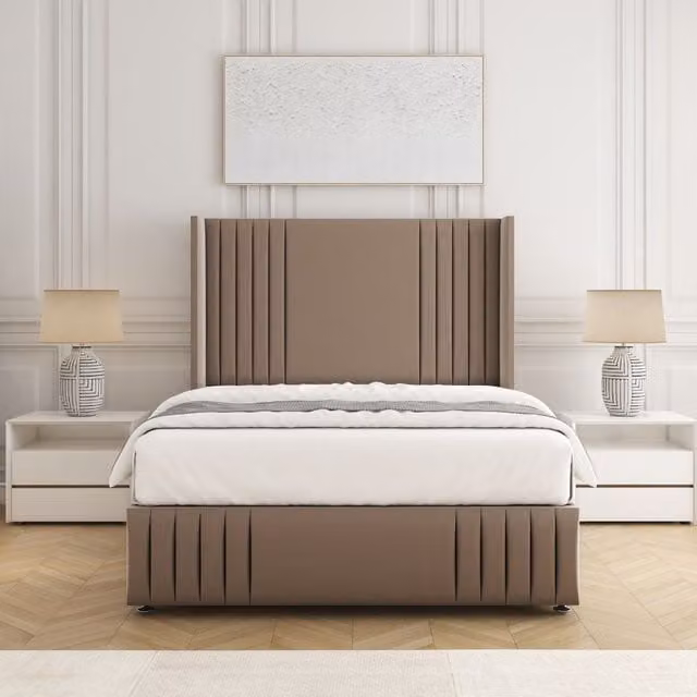 BSSPOKE Peyton Divan Bed Set with Headboard and Mattress in Bronze Plush Velvet, Double Size (W/D/H: 140 x 200 cm)