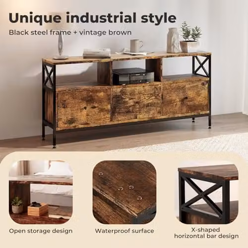 Levede Industrial 65 Inch TV Stand with 3 Drawers and 3 Open Shelves in Rustic Brown and Black – 4