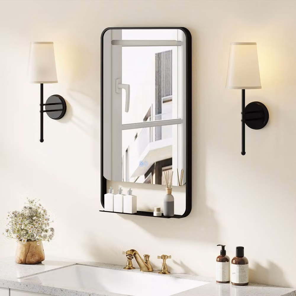Gymax Black Aluminum Bathroom Vanity Mirror with LED and Shelf, W: 88 cm, H: 50 cm – 2