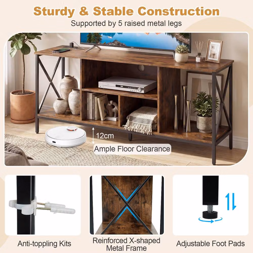 Gymax TV Stand with LED Lights and Power Outlets in Brown – 5
