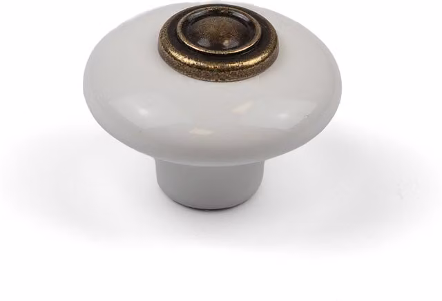 Handle & Home White Ceramic Round Stepped Cabinet Knob with Brass Details