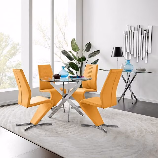 FurnitureboxUK Novara Round Glass and Chrome Dining Table with 4 Willow Dining Chairs Set in Yellow, Diameter: 100 cm