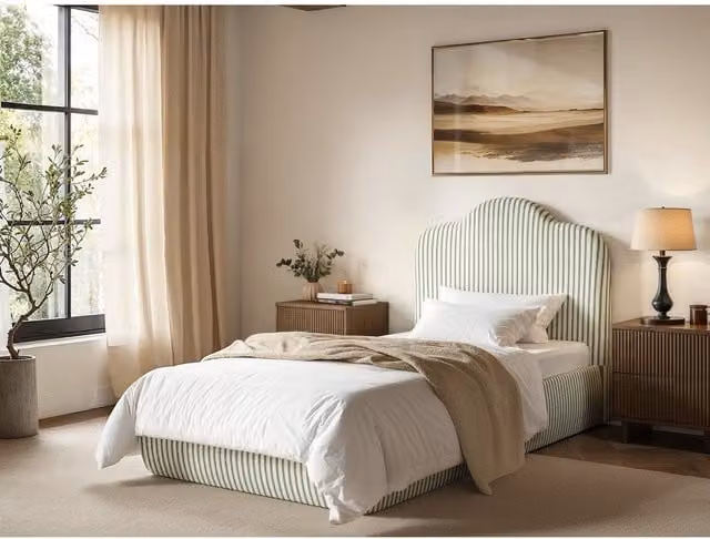 Solace+Co Skylynn Cloud Ottoman Bed in Brown and Green Striped Fabric, W/D/H: 90 x 190 cm