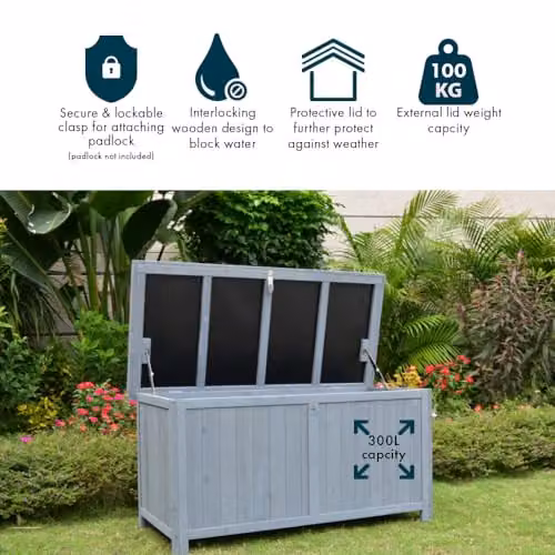 AIRWAVE Small Wooden Garden Storage Box with Lockable Showerproof Lid, 300L Fir Wood Chest for Patio Cushions and Outdoor Tools – 3