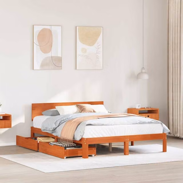 Berkfield Home 3-Piece Solid Pine Wood Bed Frame with Headboard and Drawers in Wax Brown