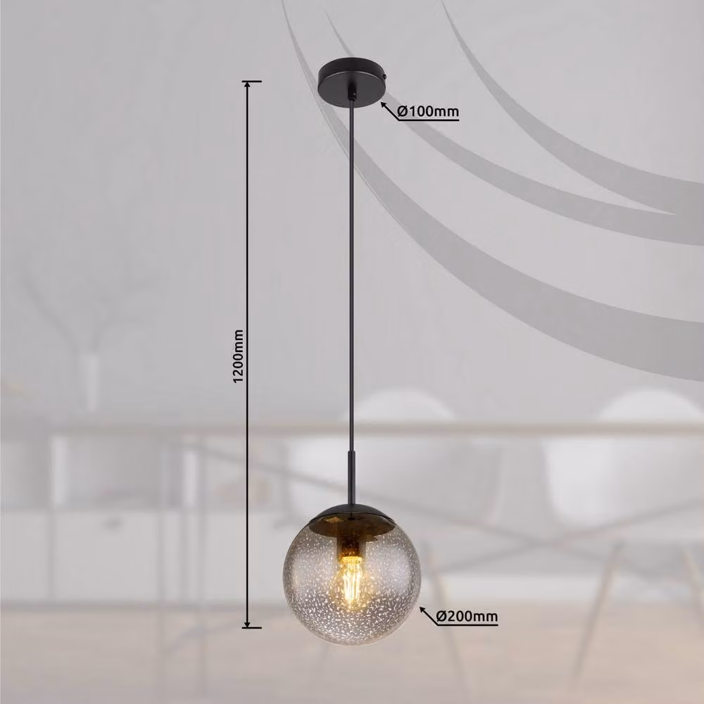 Netlighting Samos Globe Pendant Ceiling Light with Matt Black Metal and Smoke Grey Glass Shade, E27, Height Adjustable – 3