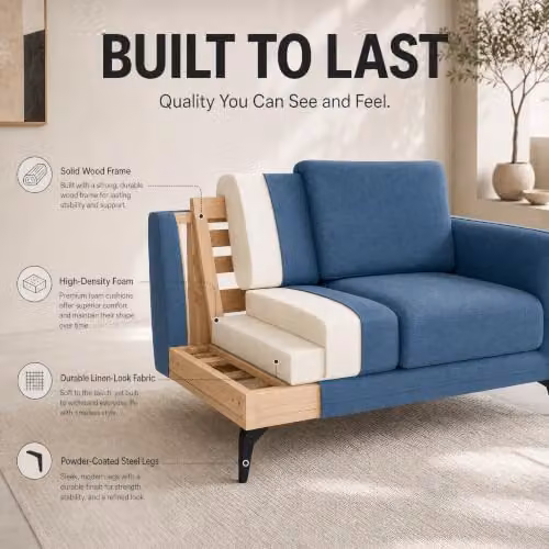Bravich Brixton 3 Piece Blue Fabric Sofa Set with Solid Wood Frame and Foam Cushions – 6