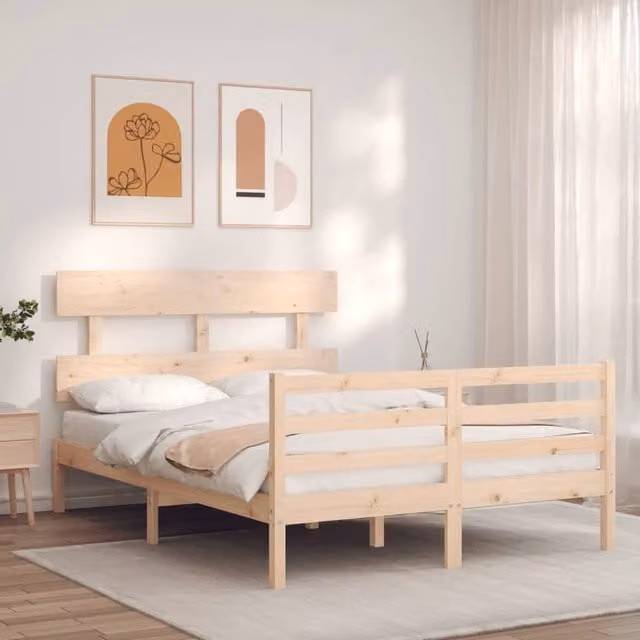 Berkfield Home Beautiful Small Double Solid Wood Bed Frame with Headboard in Natural Pine, H 125.5 x W 120 x D 195.5 cm – 1