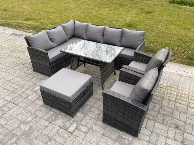 Fimous 9 Seater Rattan Garden Furniture Set with High Back Corner Sofa, Rectangular Dining Table, Big Footstool and 2 Armchairs in Dark Grey Mixed