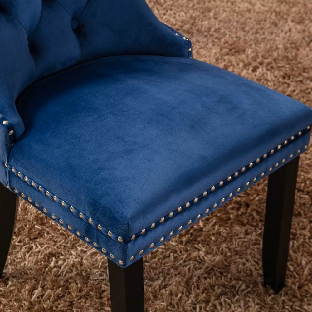 Modern Home Touch Romsey Set of 2 Blue Velvet Upholstered Dining Chairs with Oak Legs and Knocker Ring Back – 3