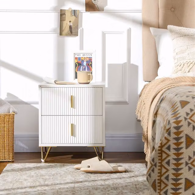 HOMCOM Bedside Table with 2 Drawers in White and Gold