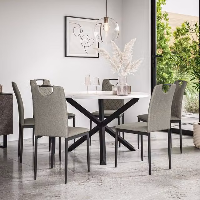 More4Homes Malvern Round Dining Table and 6 Monza Fabric Chairs Set, Marble Table Top with Solid Oak Black Legs, Grey – 1