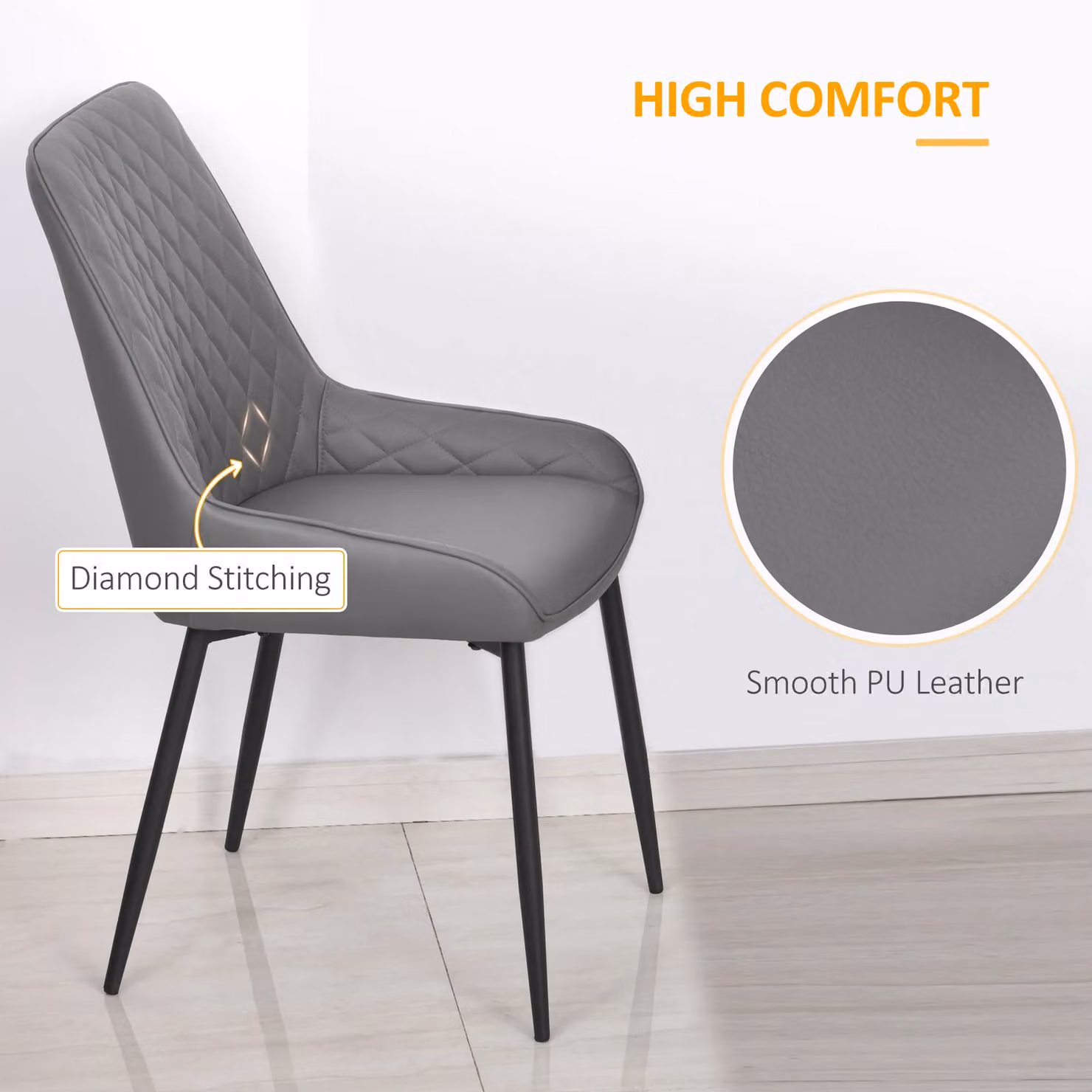 HOMCOM Set of 2 Grey Quilted PU Leather Dining Chairs with Metal Frame – 4