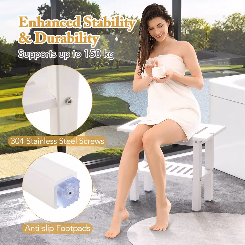 Gymax White HDPE Shower Bench with Shower Head Holder and Storage Shelf – 2