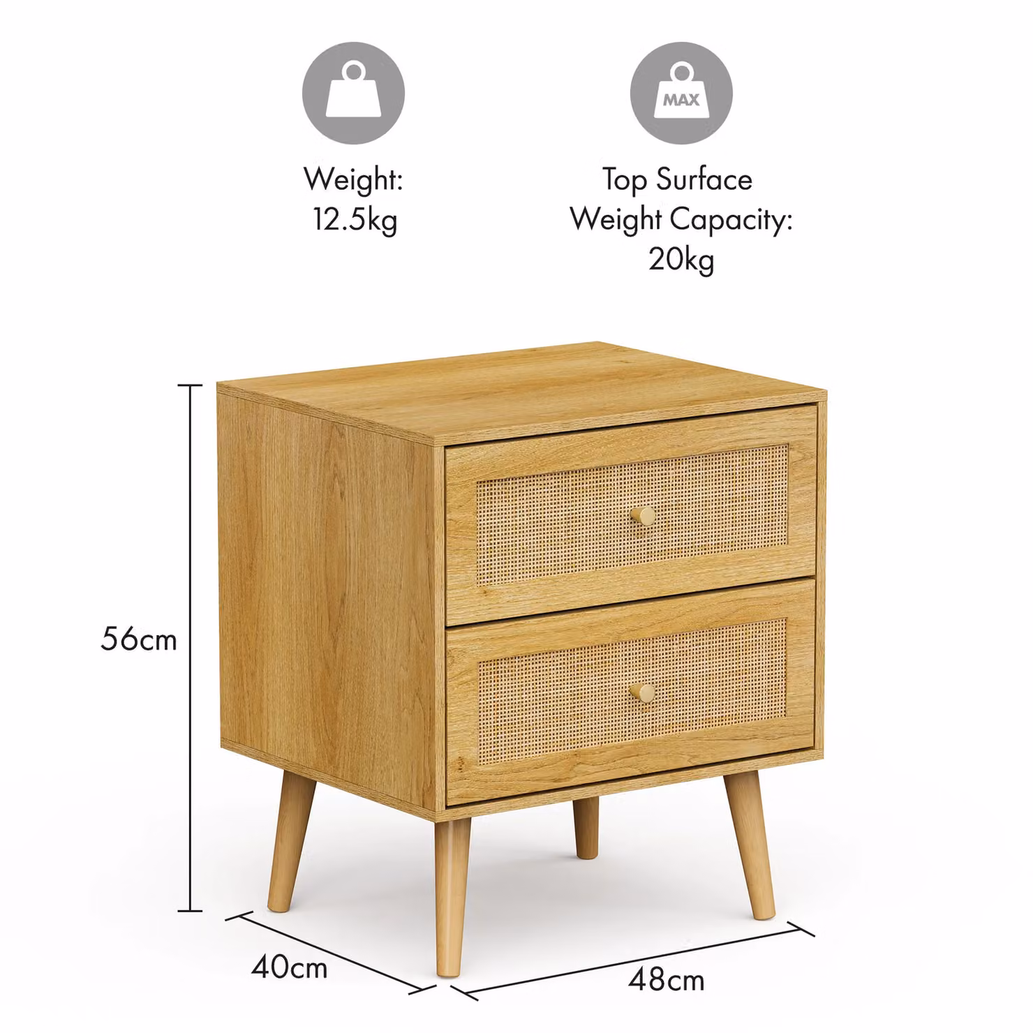 VonHaus Brown Rattan 2 Drawer Bedside Table with Gold Handles, W/D/H: 40 x 40 x 57 cm – 2