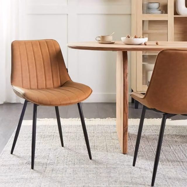 Wyld and Coco Set of 2 Brown Faux Leather Armless Dining Chairs with Black Metal Legs