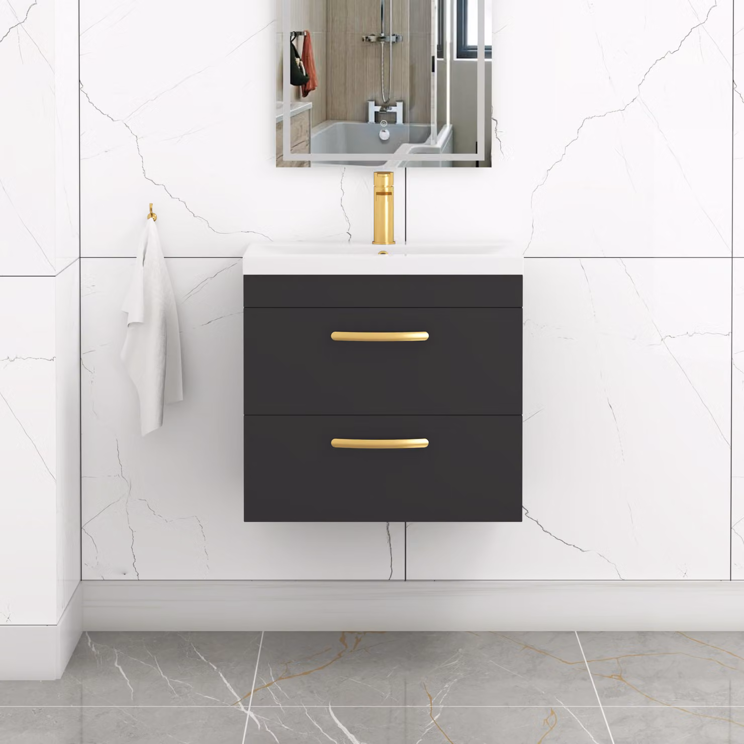 Royal Bathrooms Turin 600mm Wall Hung Vanity Unit in Matt Black with 2 Drawers and Mid-Edge Basin featuring Brushed Brass Handles