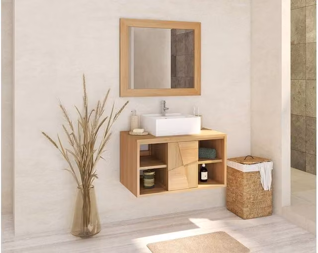 Vente-unique Wall Mounted Teak Bathroom Vanity Unit with Square Ceramic Countertop and Sliding Doors in Light Oak