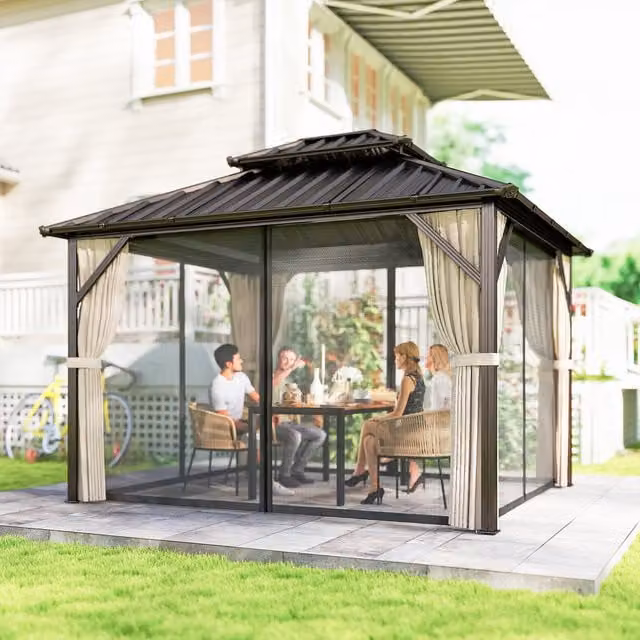 Outsunny Brown Hardtop Gazebo Canopy with Double Steel Roof, W/D/H: 300 x 300 x 240 cm