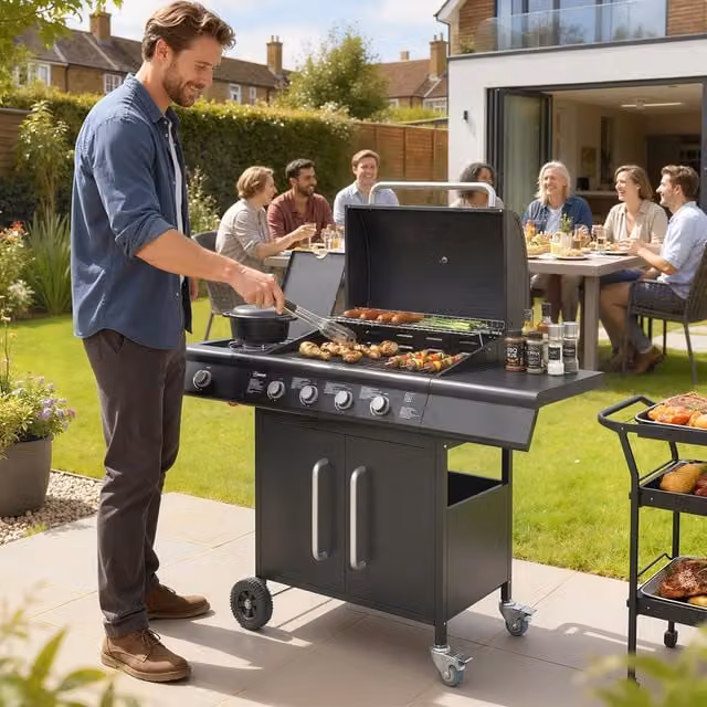 Outsunny Gas BBQ Grill with Side Burner, Warming Rack and Wheels, Black