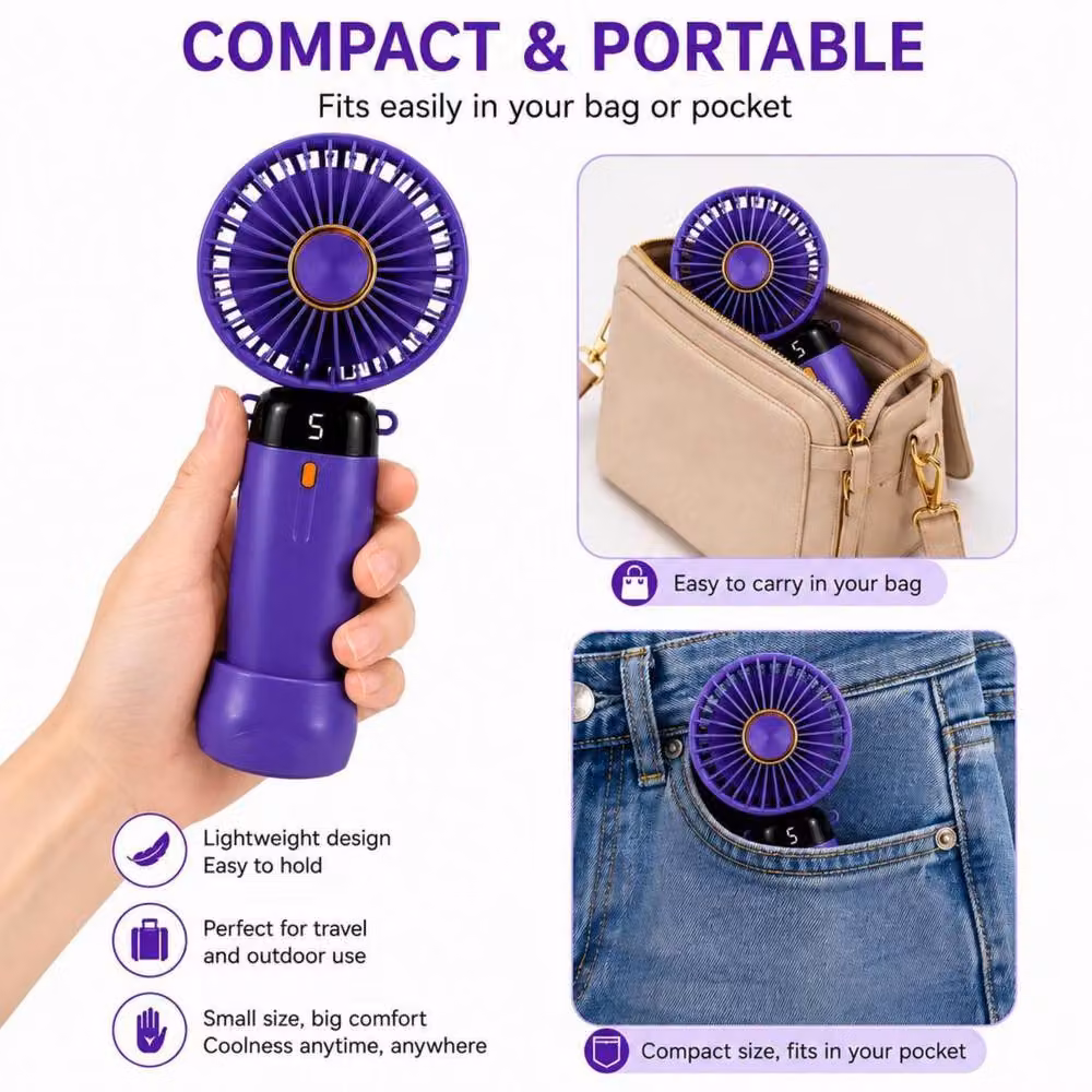 Dyzi Portable Handheld Mini Fan, Rechargeable with Stand and USB-C, 3 Speeds, Purple – 2