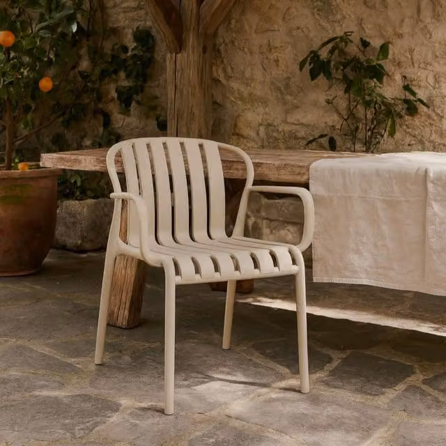 Wyld Haus Ollioules Putty Grey Slatted Outdoor Dining Chair with Armrests – 1