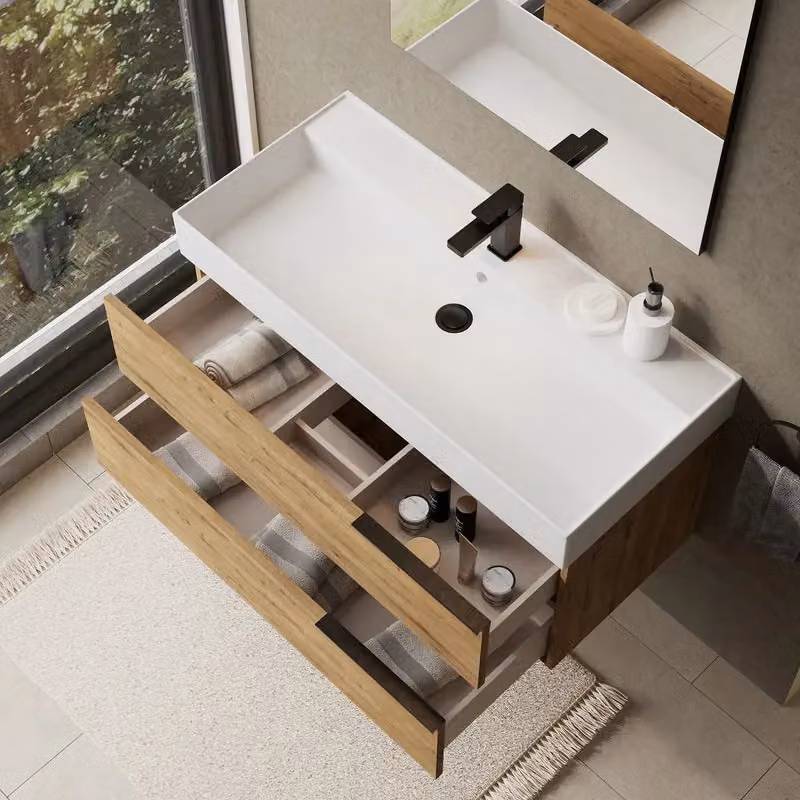 Banyetti Celtic Wall Hung Bathroom Vanity Unit with Veneto 1 Tap Hole Basin, Ostippo Oak in Light Oak, W: 100 cm, D: 45 cm, H: 48 cm – 3
