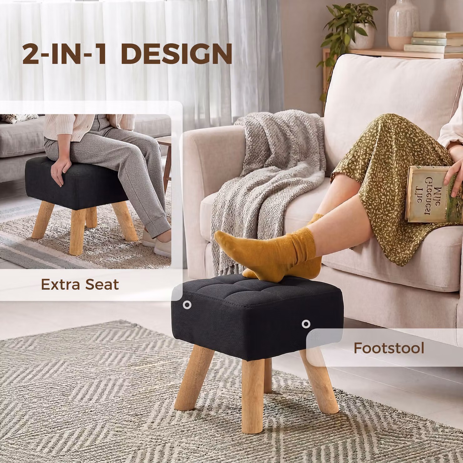 HOMCOM Black Linen-Look Square Padded Footstool – 4