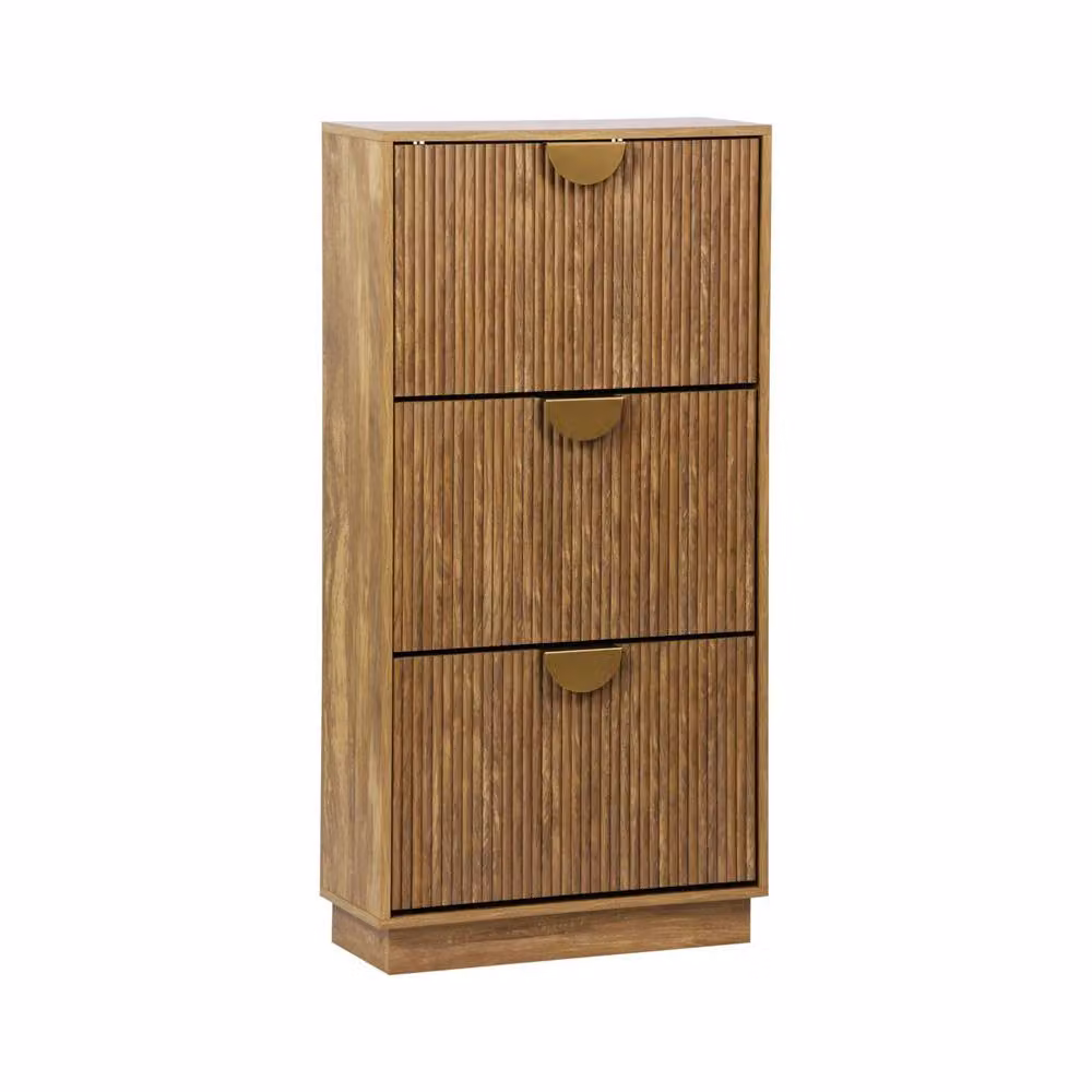 sweeek Modern Grooved Mango Wood Effect Shoe Cabinet in Brown with 3 Drawers and Tilting Compartments W/D/H: 121 x 25 x 60 cm – 2