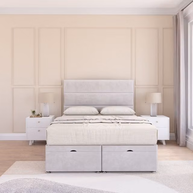 Sloomy Texas Double Ottoman Bed with Sprung Memory Mattress and 54 Inch Floorstanding Headboard in Silver Plush Fabric