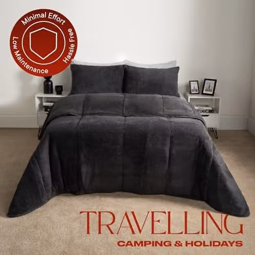 OHS Single Teddy Fleece Coverless Duvet and Pillowcase Set, 10.5 Tog, Anthracite Grey, W/D/H: 135 x 200 cm – 3