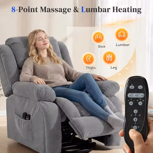 HOMCOM Grey Fabric Recliner Armchair with Motorised Lift Assist, Massage and Heat Functions – 5