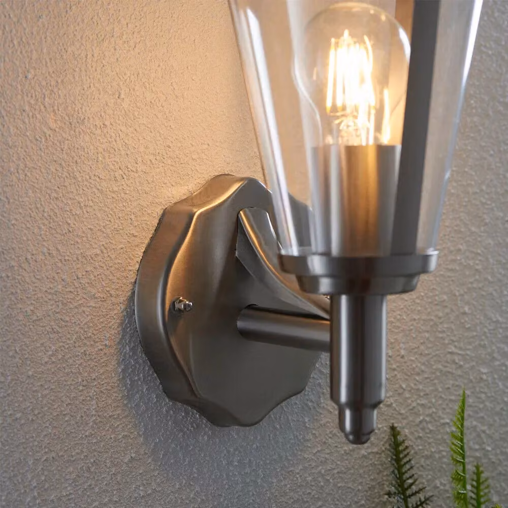 Loops IP44 Stainless Steel Outdoor Wall Lantern in Silver with Transparent Glass, Uplight Design – 3