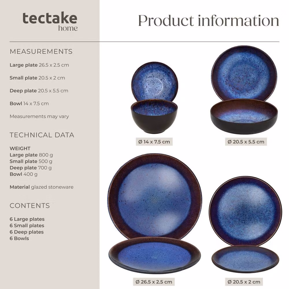 tectake Mare Blue Glazed Stoneware Dinner Set for 6 People – 6