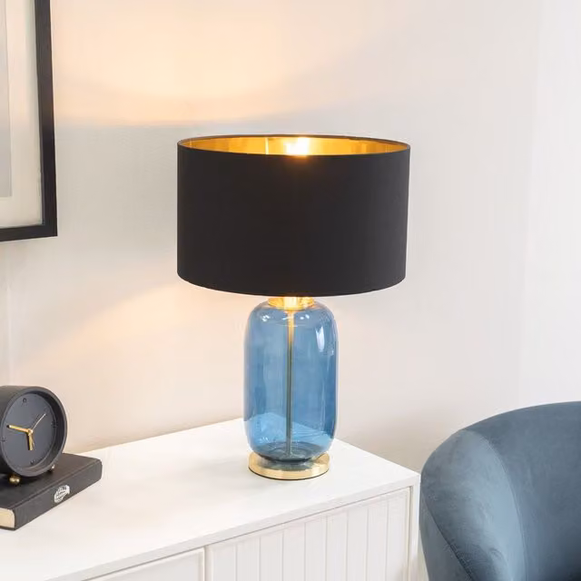 ValueLights Leigh Table Lamp with Black and Gold Metallic Shade and Navy Blue Glass – 1
