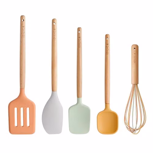 KitchenCraft Silicone Tool Set, 5-Piece Heat Resistant Cooking Utensils with Wood Handles in Multicolour or Yellow
