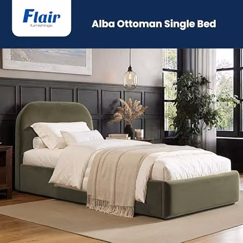 Flair Furnishings Alba Single Ottoman Bed Frame with Storage and Curved Headboard in Khaki Velvet, W/D/H: 90 x 190 cm – 2