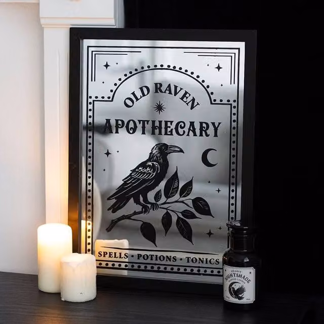 Uniqueful Old Raven Apothecary Mirrored Wall Art in Black, W: 33 cm, H: 45 cm, D: 0.2 cm