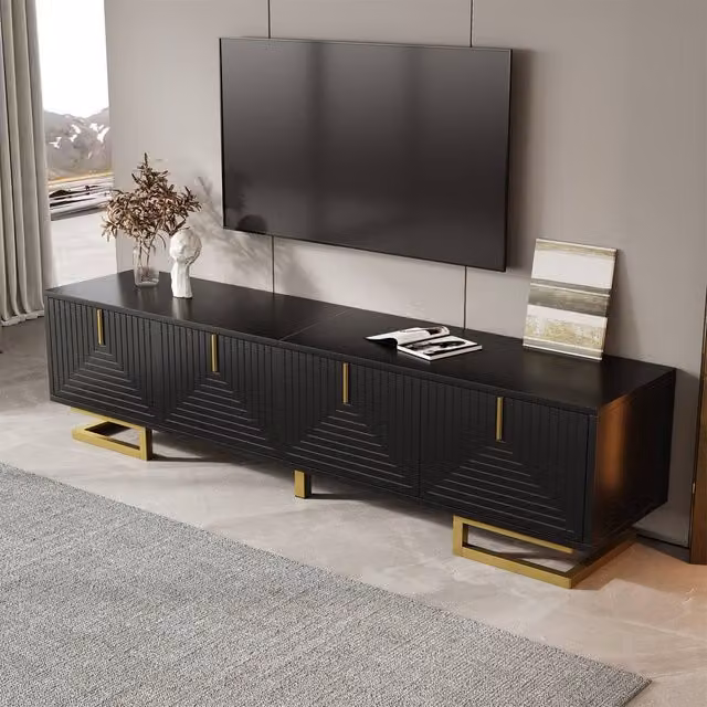Merax Modern 160cm TV Stand with 4 Geometric Textured Doors and Gold Legs in Black, W: 160 cm, D: 44.5 cm, H: 38 cm