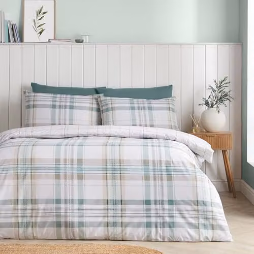 Catherine Lansfield Cartmel Check Reversible Single Duvet Cover and Pillowcase Set, Green Multicolour, Duvet Cover: 135 x 200 cm, Pillowcase: 50 x 75 cm