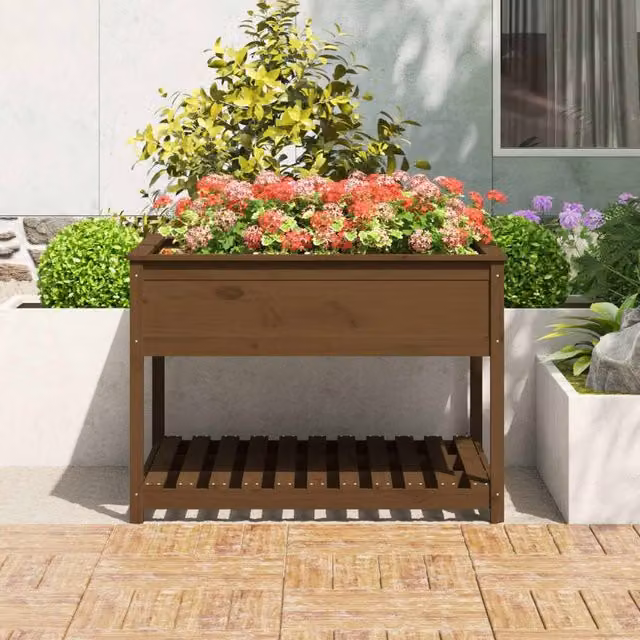 Berkfield Home Rustic Solid Wood Pine Planter with Shelf, Honey Brown, W/D/H: 111.5 x 111.5 x 81 cm