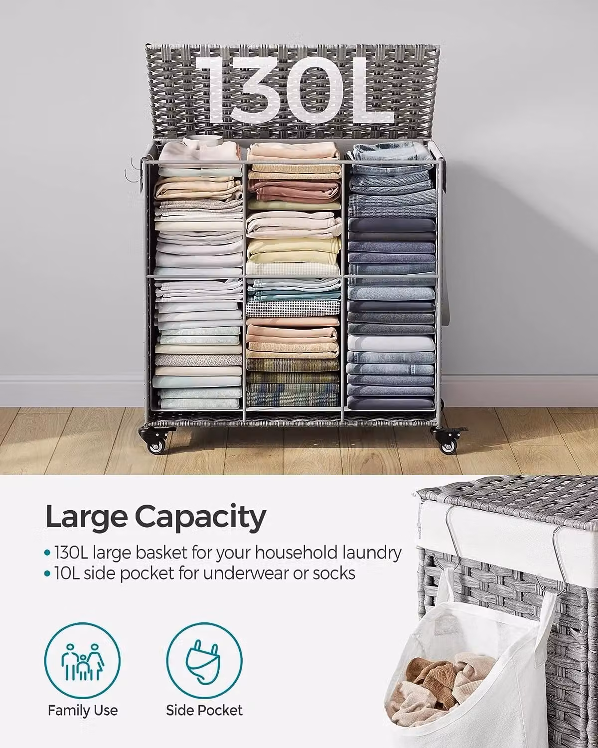 SONGMICS Woven Laundry Basket with Wheels, 3 Compartments and Removable Bag, Grey, H 66 x W 120 x D 42.1 cm – 4
