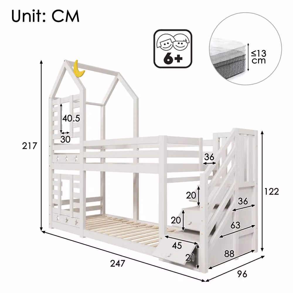 Matteo White Solid Pine Kids Bunk Bed with House Frame Design, Stairs and Storage Drawers, Single Size 90 x 190 cm – 2