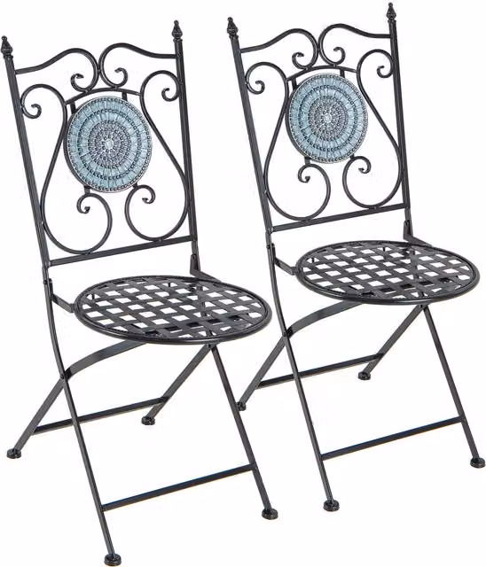 COSTWAY Set of 2 Black Mediterranean Mosaic Pattern Folding Metal Chairs with Geometric Design