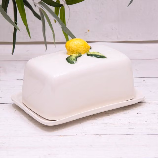 Annibells White Ceramic Butter Storage Dish with Lemon Lid and Floral Design