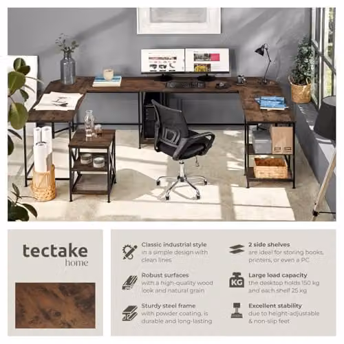 tectake Hamilton L-Shaped Corner Desk in Industrial Design with MDF Wood and Metal Frame, Brown and Black, W/D/H: 200 x 138 x 75.5 cm – 4