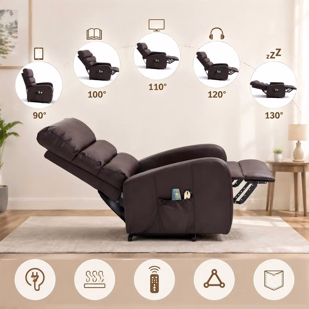 ModernLuxe Brown Synthetic Leather Massage Lift Recliner Chair with Heat, Vibration and Side Pockets – 2