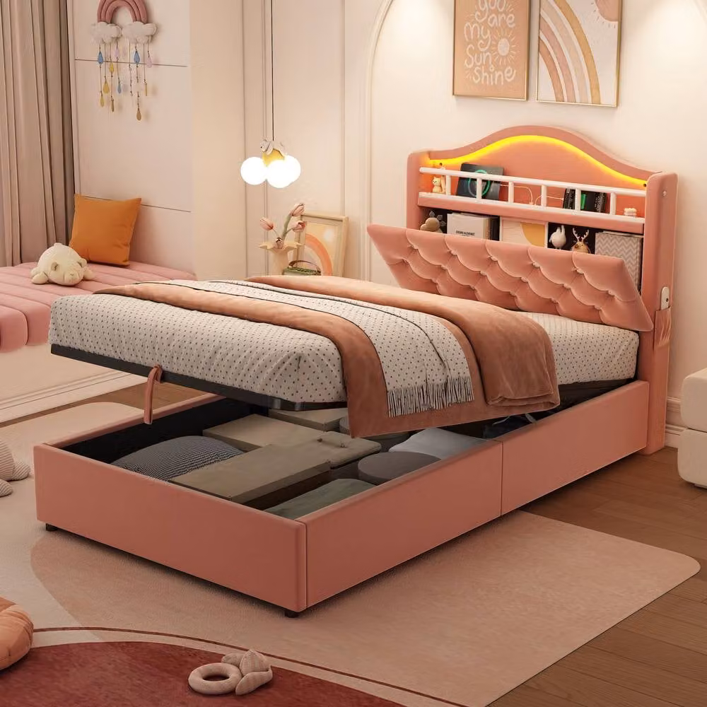 ModernLuxe Pink Velvet Upholstered Single Ottoman Bed with LED Lighting and USB Charging Port, W/D/H: 90 x 190 x 122 cm – 2